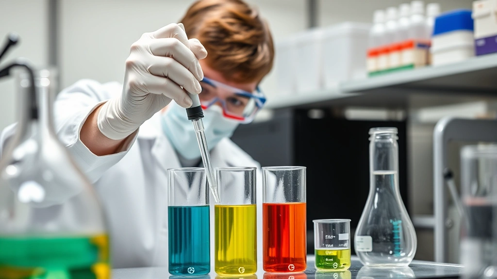 Professional scientist in laboratory conducting diffusion experiment with colorful solutions in glass containers showing concentration gradients, wearing protective equipment, focused on precise measurement