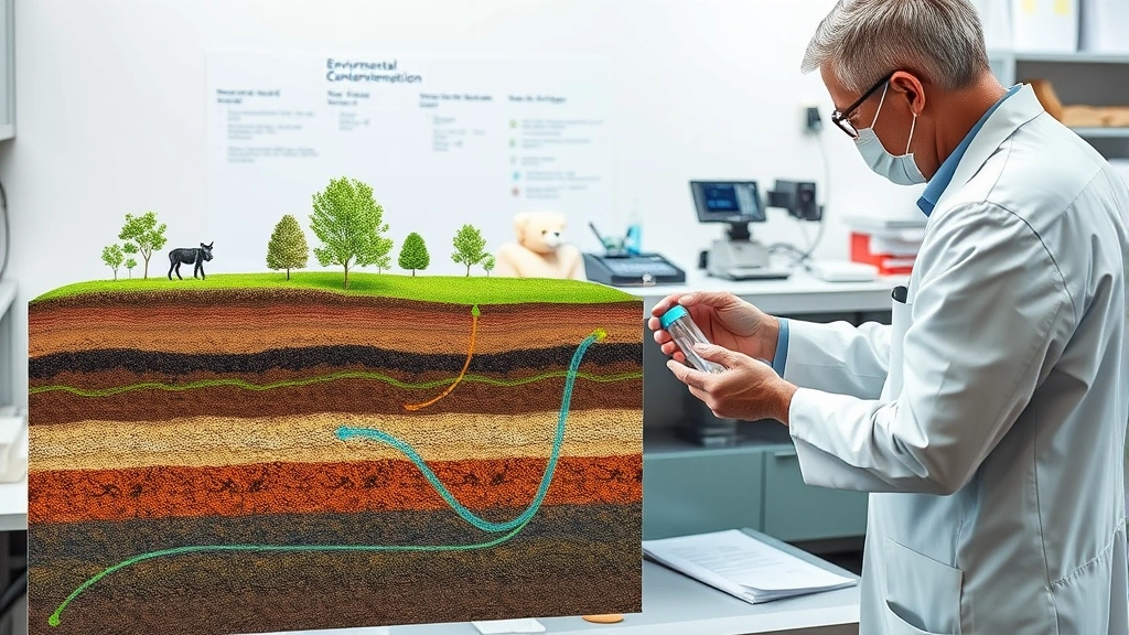 Environmental contamination visualization showing soil layers and groundwater flow patterns, with expert examining geological samples in professional setting with testing equipment and documentation