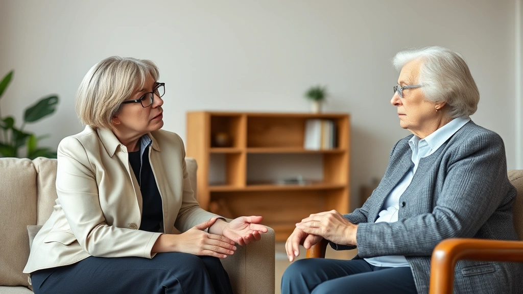 Professional middle-aged adult daughter in business attire having serious discussion with elderly mother in comfortable home setting, both seated across from each other with concerned expressions, neutral background, natural lighting, realistic photograph