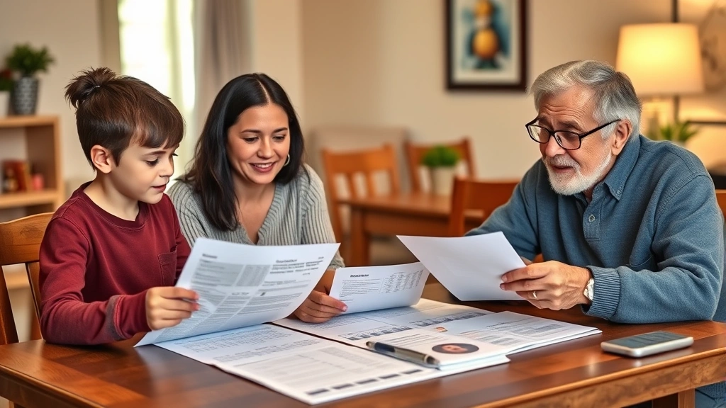 Diverse family of three generations - adult child, parent, and elderly grandparent - sitting together at dining table reviewing financial documents and planning materials, warm home environment, professional realistic style, no visible text on documents
