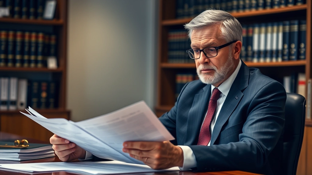 Senior attorney in professional office setting reviewing legal documents and case files, wearing business suit at desk with law books visible in background, serious professional expression, realistic photograph with soft office lighting