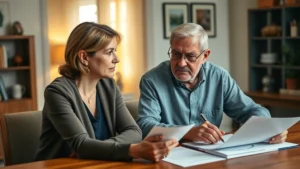 Professional mature adult woman having serious conversation with elderly father in home setting, both sitting at table with documents, warm lighting, concerned but determined expressions, natural family dynamics