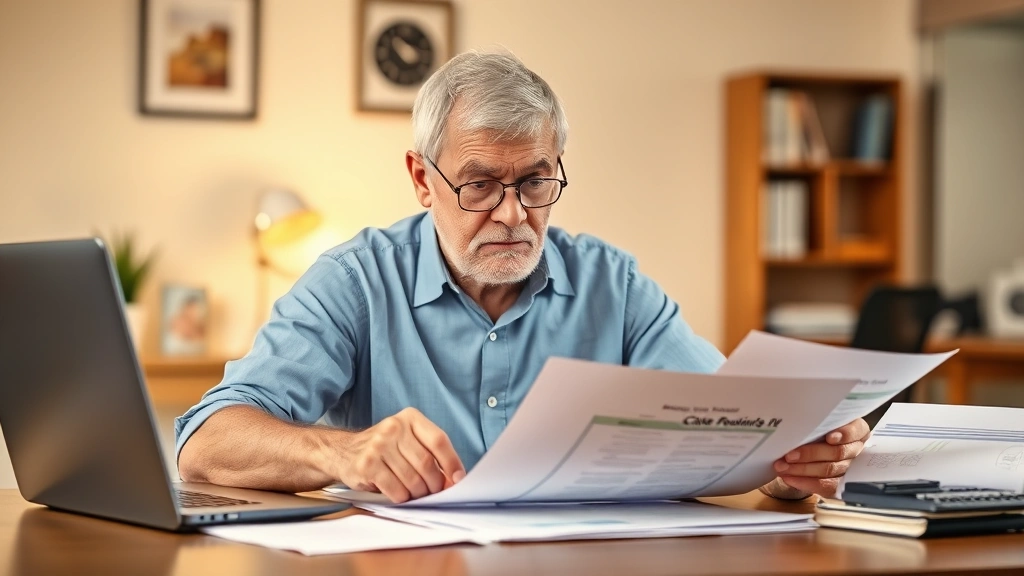 Senior man reviewing financial documents at desk with concerned expression, papers and calculator visible, warm home office lighting, representing financial burden and elder care costs