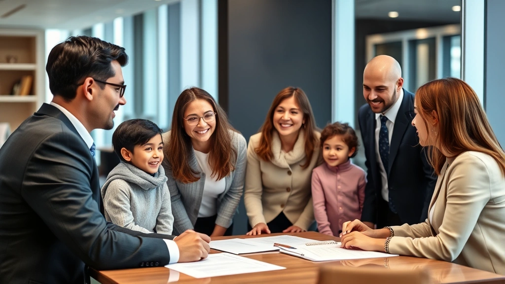 Diverse family group in consultation with professional advisor or lawyer in modern office, multigenerational discussion, documents on desk, collaborative problem-solving atmosphere, professional attire