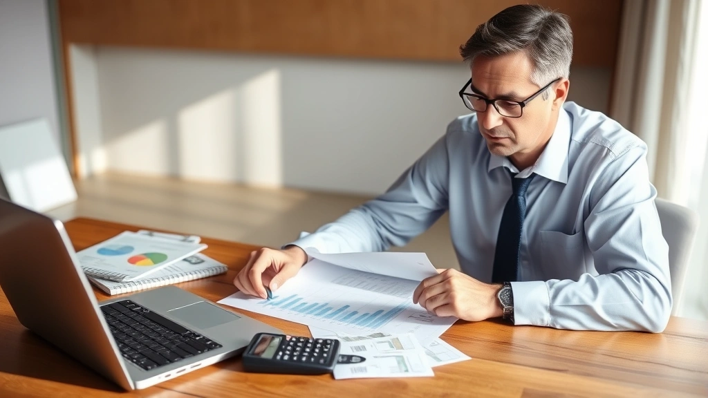 Professional middle-aged adult in business attire reviewing financial documents at a wooden desk with a laptop and calculator, natural office lighting, serious expression, papers spread out showing charts and bills