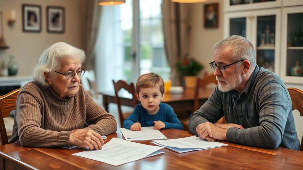 Elderly couple and adult child sitting together at a dining table during a serious family discussion, warm home setting, everyone looking concerned but engaged, documents visible on table