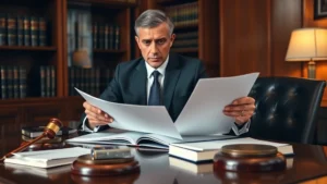 Professional attorney in business suit reviewing legal documents at mahogany desk with law books and gavel in modern law office, warm lighting, serious focused expression