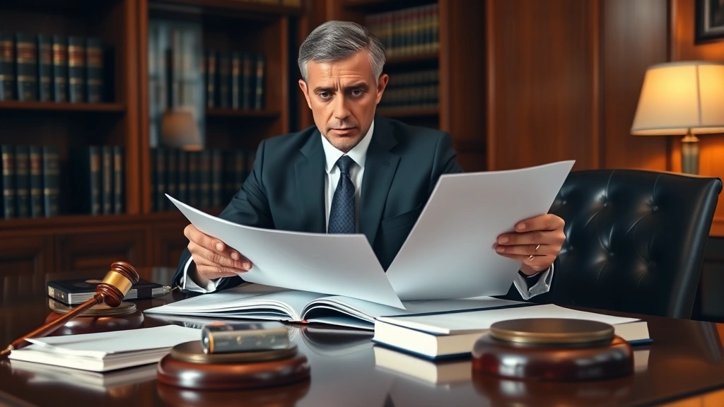 Professional attorney in business suit reviewing legal documents at mahogany desk with law books and gavel in modern law office, warm lighting, serious focused expression