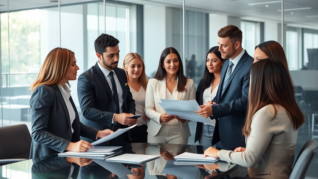 Diverse group of people in professional attire consulting with lawyer in modern glass-walled conference room, reviewing contracts and documents, collaborative discussion setting