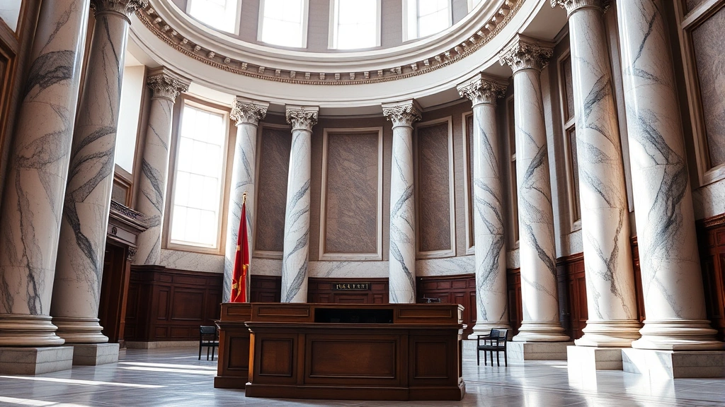 Courthouse interior with marble columns and wooden judge's bench, natural light from tall windows, empty courtroom showing judicial authority and legal tradition