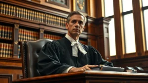 Professional judge in formal robes sitting at an elevated bench in an ornate courtroom with law books lining wooden shelves behind, serious contemplative expression, golden natural lighting through tall windows, photorealistic, no visible text or documents