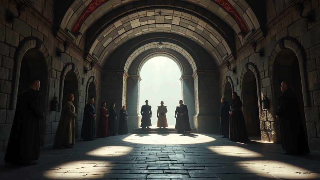 Medieval-inspired stone fortress throne room with multiple figures in period clothing standing at distance, arched ceiling with shadows, power dynamics visible through positioning and body language, photorealistic cinematic lighting, no banners or identifying text
