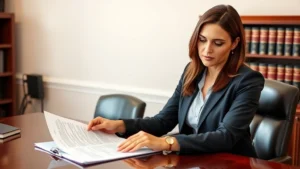 Professional female attorney in business attire reviewing estate documents at mahogany desk with law books in background, natural office lighting, serious focused expression, neutral background