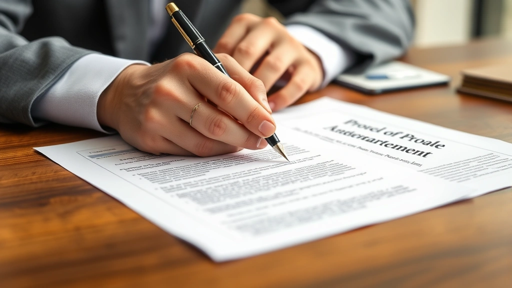 Close-up of hands holding legal documents and fountain pen over probate forms on wooden desk, soft natural light, professional setting, no visible text on documents