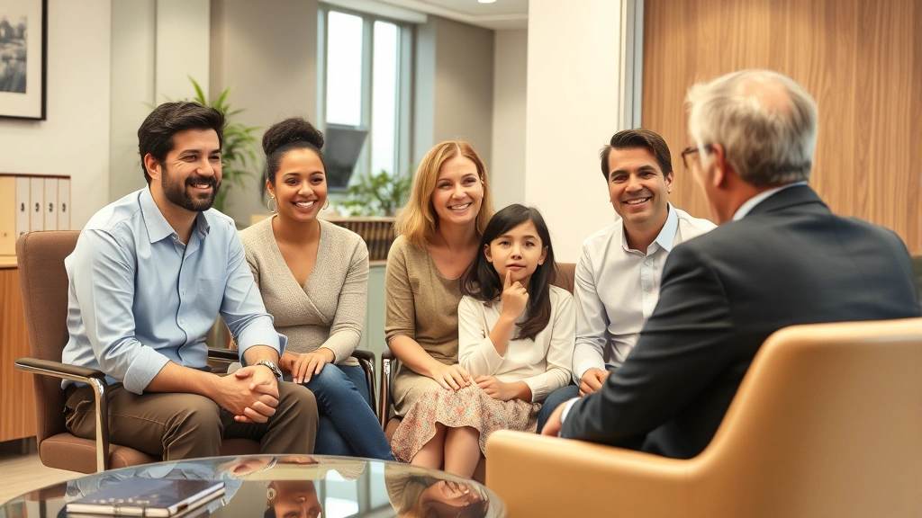 Diverse family sitting together in law office consultation room with attorney, warm professional environment, respectful serious expressions, modern office furniture visible