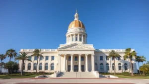 Professional Florida state capitol building exterior, modern architecture, daytime lighting, official government setting, no signage text visible, clear blue sky background