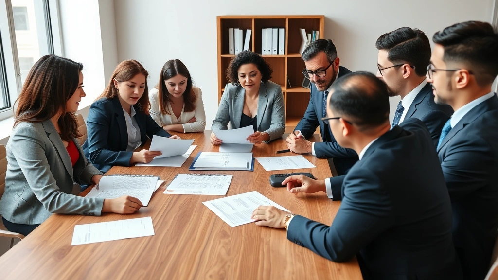 Diverse group of professionals in business attire reviewing documents at wooden conference table, collaborative legal discussion environment, neutral office setting, natural lighting