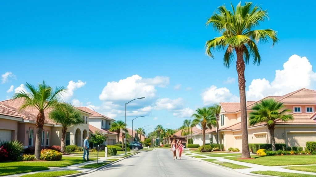 Residential neighborhood with well-maintained homes, suburban Florida setting, sunny day, peaceful street scene, families visible in background, no identifying addresses or markers