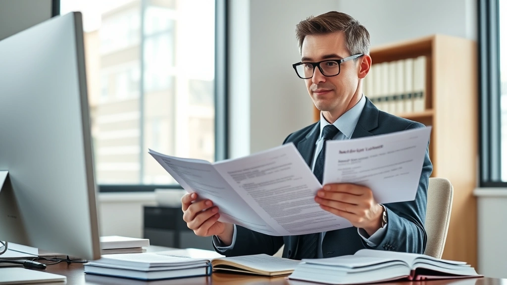 Professional healthcare attorney in modern office reviewing legal documents and statute books on reproductive healthcare law, confident authoritative demeanor, natural lighting, desk with law books and computer