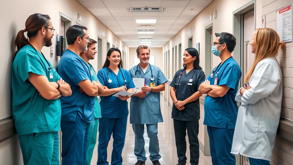 Diverse medical team in hospital hallway discussing patient care protocols and compliance requirements, healthcare professionals in scrubs having serious professional discussion, modern medical facility setting
