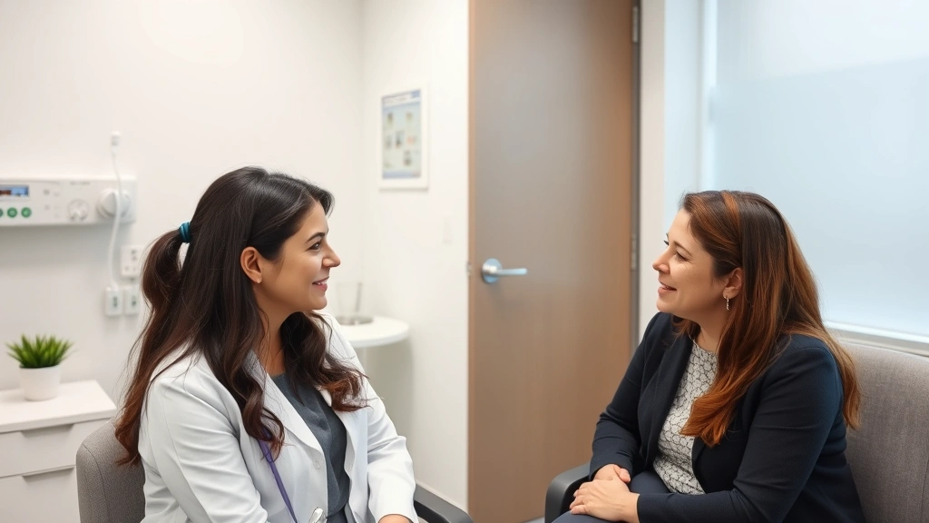 Female patient in consultation with healthcare provider in clinical setting discussing reproductive healthcare options, compassionate professional interaction, modern medical office environment with privacy