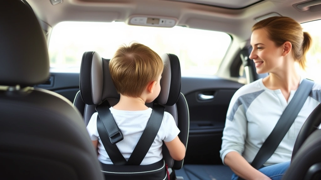 Professional family driving scene showing young child properly secured in rear-facing car seat with appropriate installation, modern vehicle interior, daytime lighting, focused on safety and compliance
