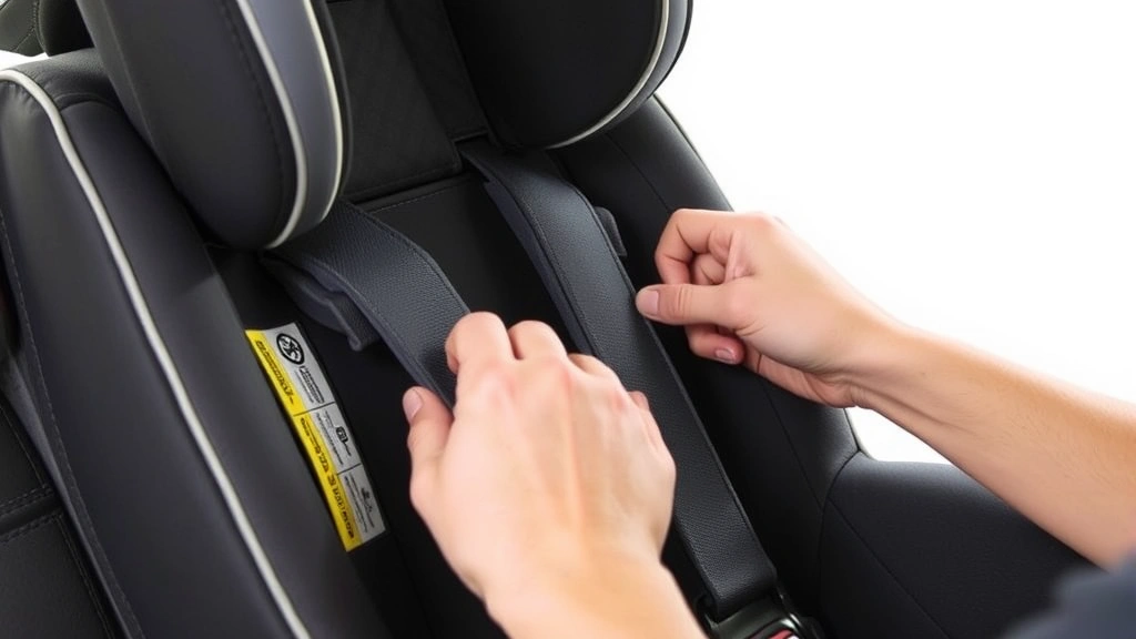 Close-up of certified car seat with safety labels and proper LATCH installation components visible, hands adjusting harness straps correctly, neutral background emphasizing proper restraint system