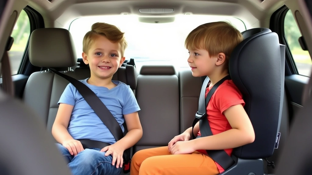 Family vehicle interior with properly positioned booster seat for older child, seat belt routing correctly across chest and hips, showing transition stage restraint in safe driving environment