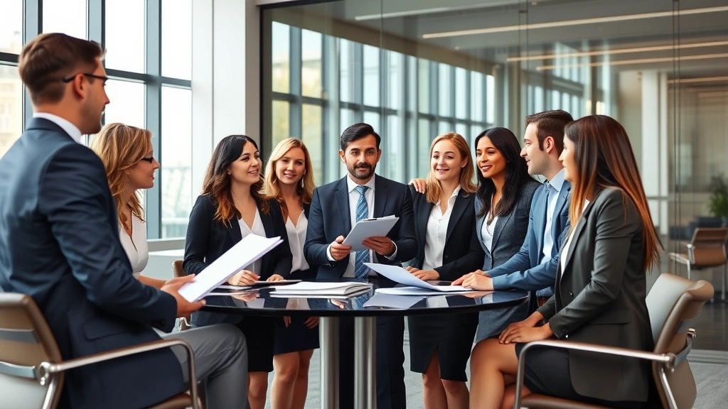 Diverse group of law professionals in business attire having discussion in modern office conference room, collaborative atmosphere, professional development