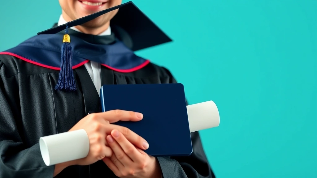 Close-up of law graduate in academic regalia holding diploma with satisfied expression, achievement moment, professional milestone celebration