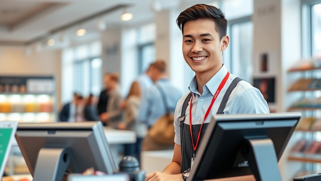 Professional young worker in retail setting wearing name badge, smiling while operating register, clean modern store environment, natural lighting, focused and engaged expression