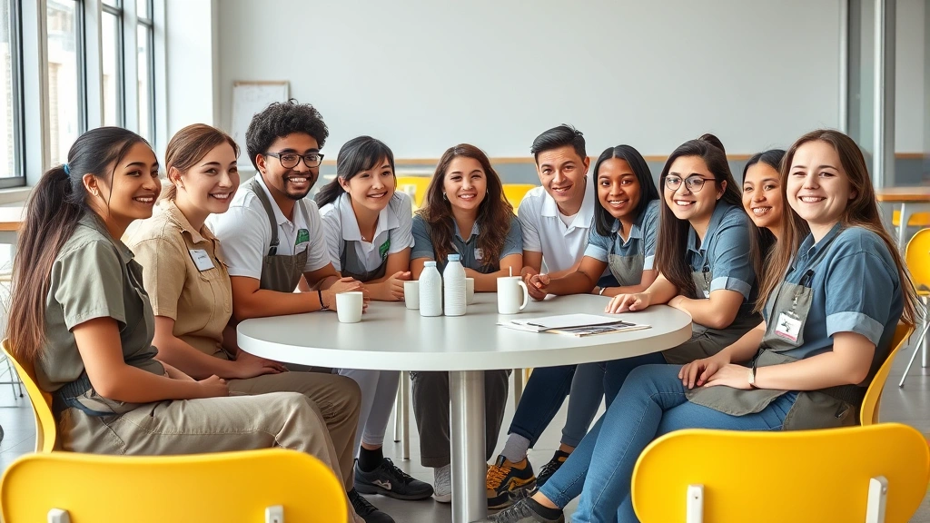 Diverse group of teenagers in casual work uniforms during break time, sitting together in bright employee break room with tables and chairs, relaxed but professional atmosphere, natural interaction