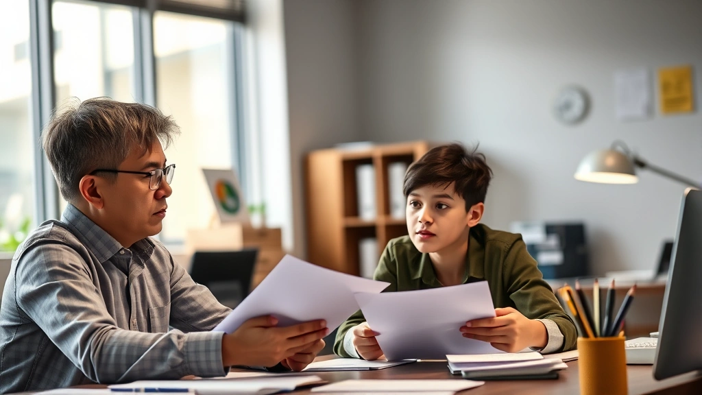 Serious professional adult supervisor or manager reviewing documents with attentive young worker at desk, well-lit office environment, educational moment showing guidance and mentorship