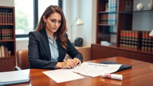 Professional female attorney in business suit reviewing divorce documents at wooden desk in modern law office with law books visible, natural lighting from window, serious focused expression