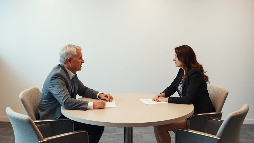 Couple meeting with male mediator in neutral conference room, seated at round table with papers between them, calm professional atmosphere, soft neutral tones