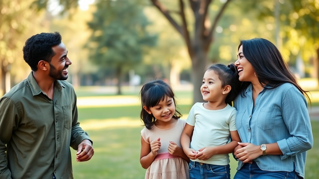 Diverse family of two parents and two children laughing together in park during daytime, warm natural lighting, representing positive co-parenting relationships