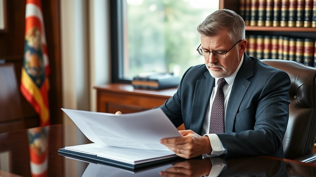 Professional attorney in business suit reviewing legal documents at mahogany desk with Florida state seal visible, law books on shelf behind, natural window lighting, serious concentrated expression