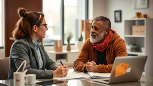 Professional social worker meeting with homeless individual in modern community service office, discussing housing options and support services, warm lighting, compassionate interaction, both seated at desk with resources visible