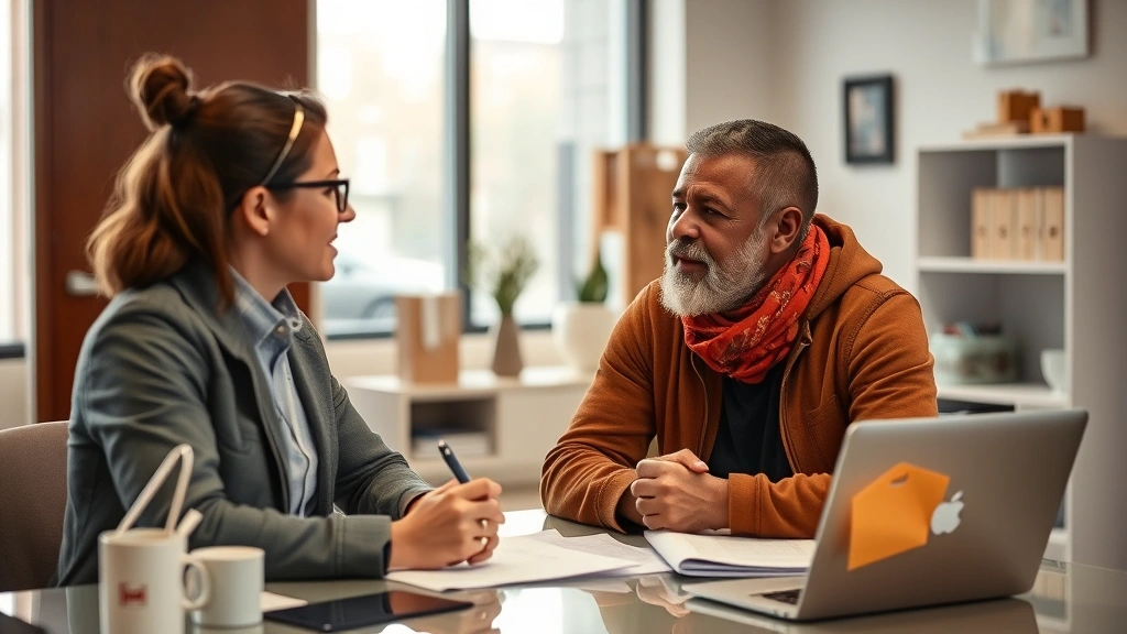Professional social worker meeting with homeless individual in modern community service office, discussing housing options and support services, warm lighting, compassionate interaction, both seated at desk with resources visible