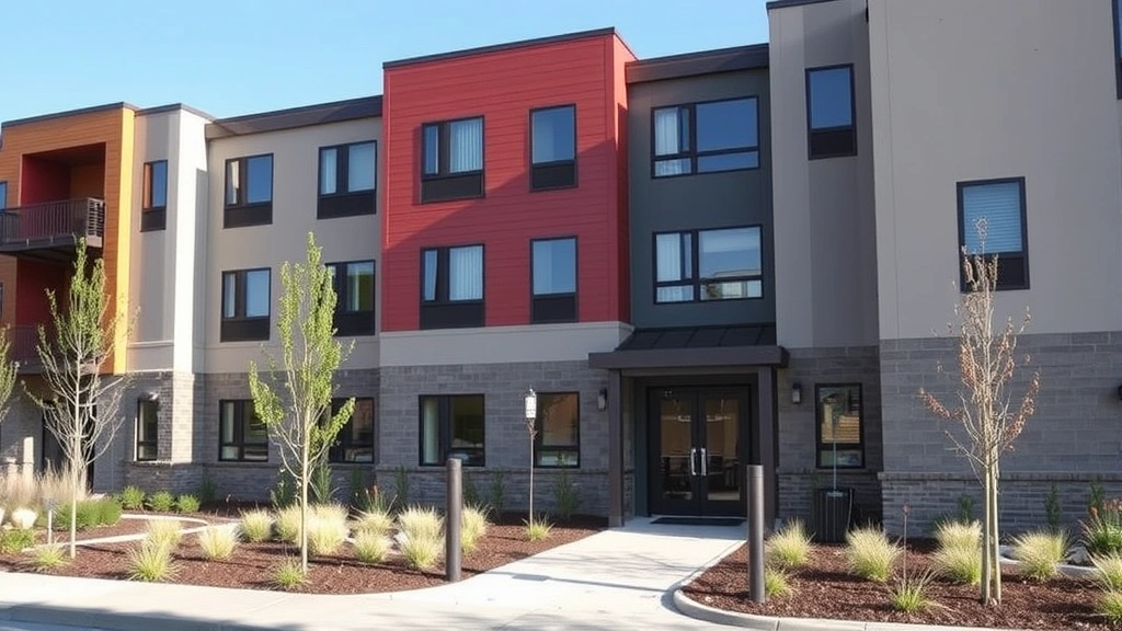 Modern affordable housing complex exterior, contemporary architecture, welcoming entrance with landscaping, clear daytime photography, representing housing solutions and supportive services for homeless populations