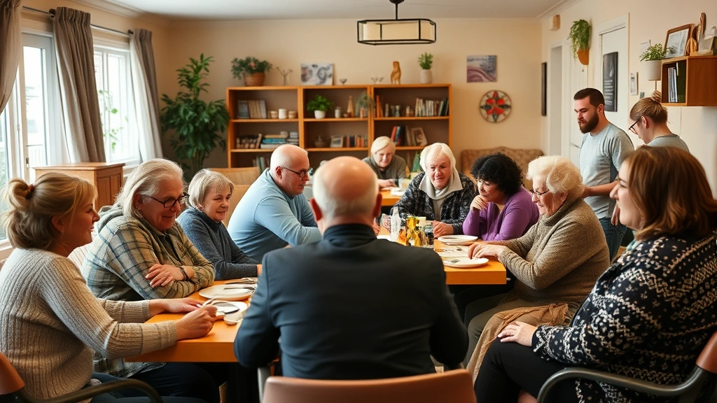 Diverse group of people in comfortable shelter environment, communal dining or common area, receiving support from trained staff members, warm and safe atmosphere, professional setting with dignity and respect