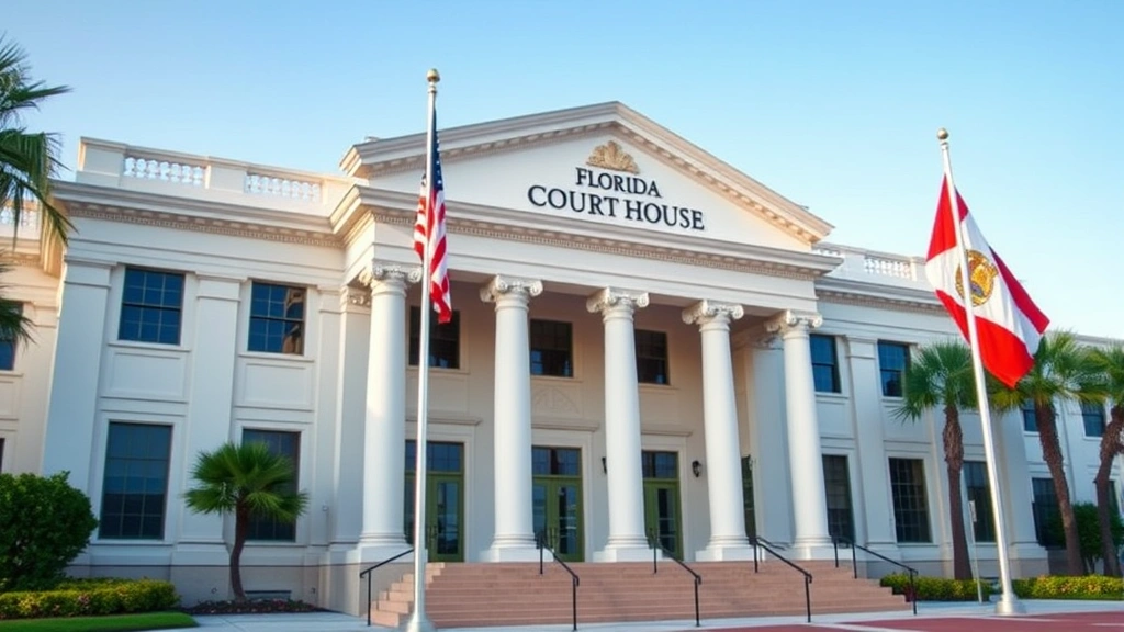 Professional photograph of a Florida courthouse exterior with classical architecture, American and Florida flags, natural lighting, no people visible, daytime shot