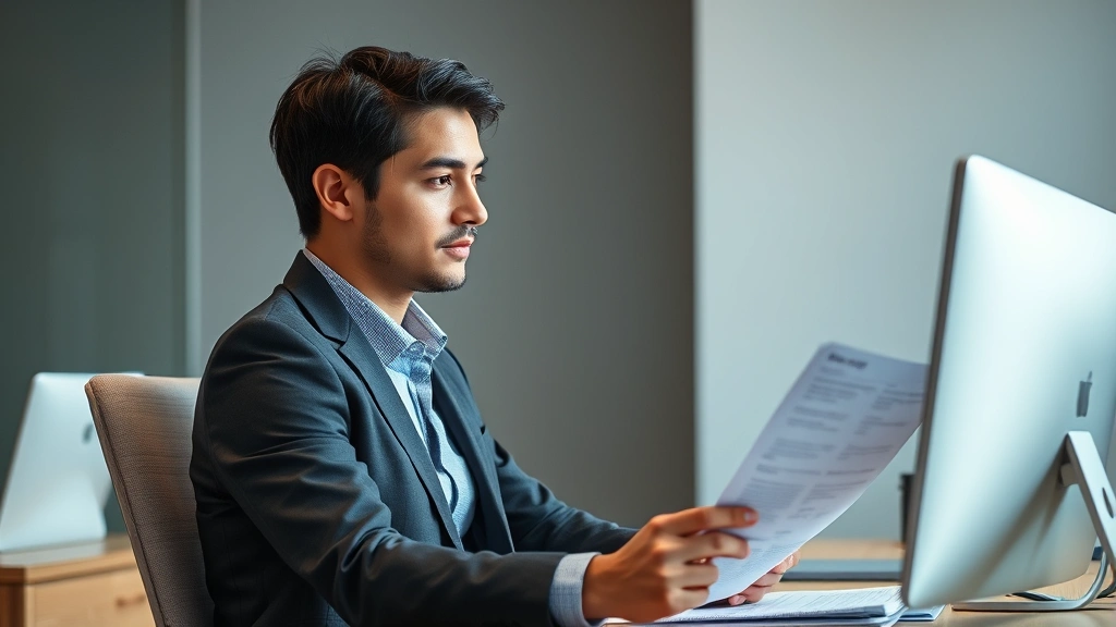 Businessperson in professional attire reviewing documents at desk with computer, focused expression, office environment, neutral background, realistic office lighting