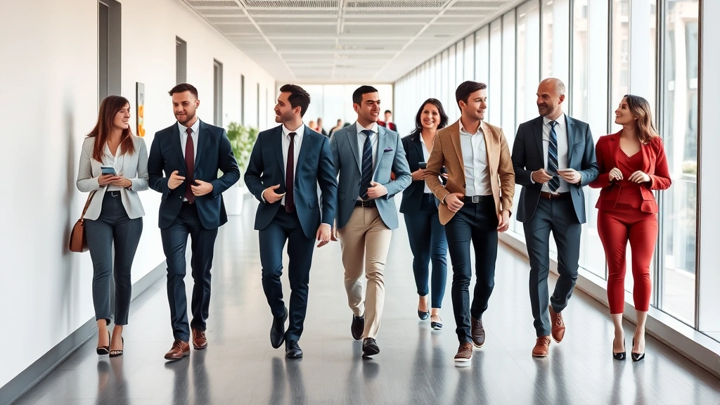 Diverse group of professionals in business casual clothing in modern office hallway, walking and conversing naturally, professional setting, natural lighting