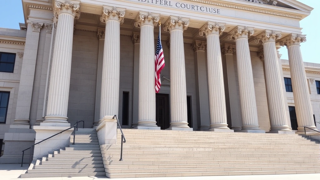 Federal courthouse exterior architecture with columns and steps, clear daylight, professional legal building, American flag, no signage or identifying marks, imposing neutral judicial setting