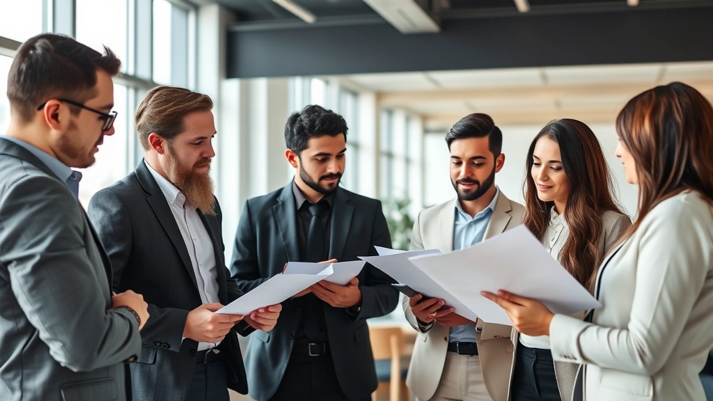Diverse group of professionals in business casual attire having serious discussion in modern conference room, reviewing documents, collaborative atmosphere, natural window lighting, no visible text on materials