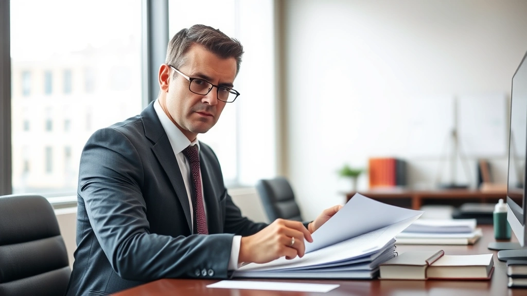Professional employment attorney in modern office reviewing employment contract documents on desk, serious focused expression, natural lighting, business casual attire, paperwork and legal files visible