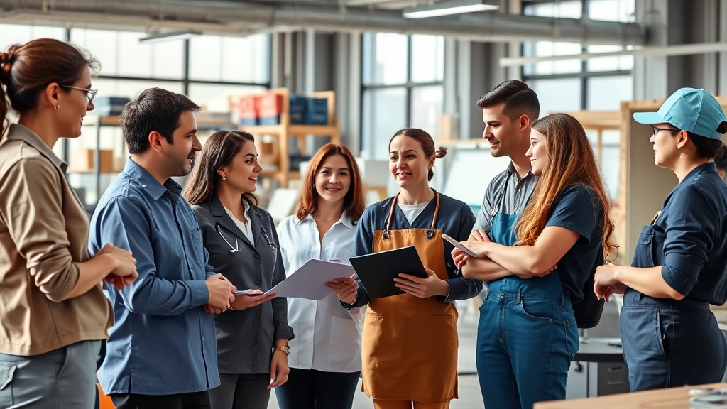 Diverse group of workers from different industries (healthcare, retail, construction, hospitality) in collaborative workplace setting, discussing or working together, natural daylight, professional environment, showing various job sectors