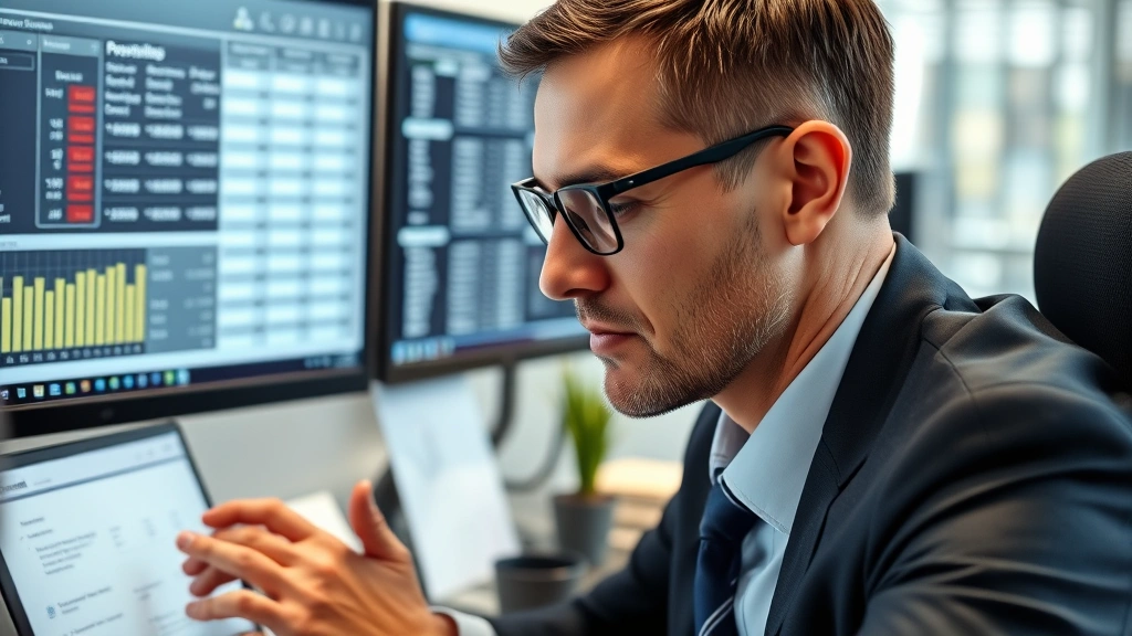 Close-up of professional payroll specialist reviewing detailed compensation records and overtime calculations on computer screen, focused concentrated expression, modern office setting, multiple data displays visible