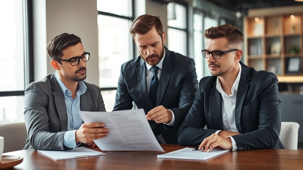 Professional landlord reviewing rental agreement documents with tenant in modern office setting, papers and pen visible on table, serious focused expressions
